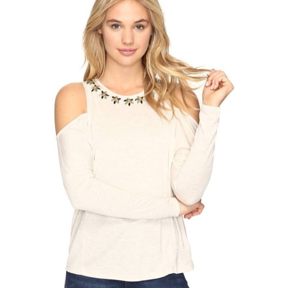 Romeo Juliet Cold Shoulder Top Shirt Blouse Small Beaded Neutral Color Outmeal
